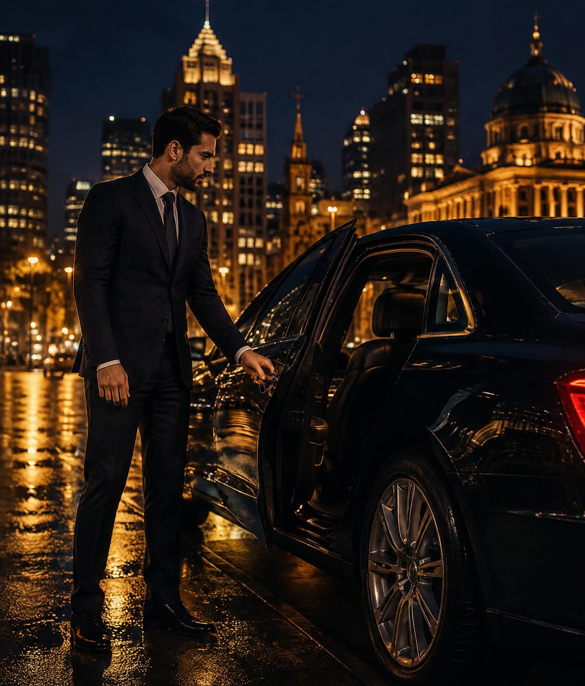 Chauffeur professionnel ouvrant la portière d’une berline noire en ville
